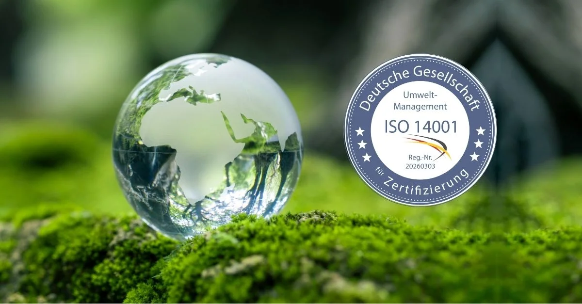 Image with glas earth bowl and ISO 14001 certificate logo